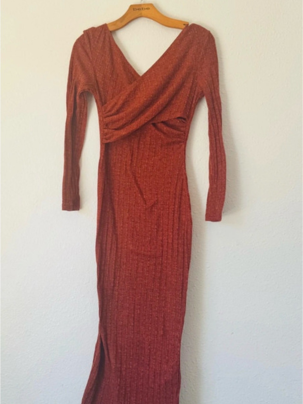SHEIN Rust Ribbed Long-Sleeve Maxi Dress